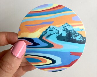 Pegatina de botella de agua de montaña- Pegatinas de botellas de agua circulares coloridas- Pegatinas de naturaleza- Pegatinas de senderismo- Pegatinas de botellas de agua de pintura