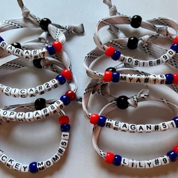 Hockey lace adjustable bracelet. Customizable with name and team colors. Skate laces and beads. Customizable hockey item.