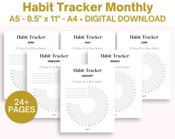 May include: A printable habit tracker for each month of the year. The tracker features a circular design with 21 days to a new habit. The printable is available in A5 and A4 sizes. The text on the page reads "Habit Tracker Monthly A5 - 8.5" x 11" - A4 - DIGITAL DOWNLOAD".