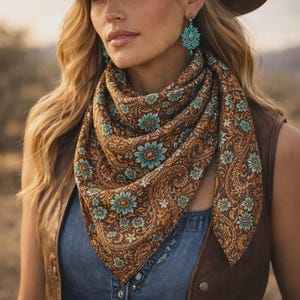 Puede incluir: Un sombrero de vaquero marrón, un chaleco de ante marrón y una camisa de mezclilla azul. Un pañuelo triangular presenta un fondo marrón con un patrón repetitivo de flores turquesas y remolinos de cachemira. Pendientes turquesas completan el conjunto.