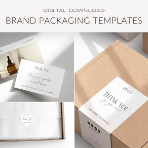 Modelos de embalagem de marca comercial personalizados, kit de marca editável, etiqueta de lacre de caixa, cartão de agradecimento e adesivos, download digital para impressão