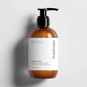 May include: A brown bottle of body lotion with a black pump dispenser. The label is white with black text that reads "FOR ALL SKIN TYPES", "Body Lotion", "Nourish your skin with our rich and moisturising formula", "12 fl oz (355 ml)", and "brand name".