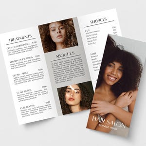 Modèle de brochure modifiable à trois volets pour salon de coiffure, brochure pliable avec liste de prix, modèle de toile imprimable pour coiffeur