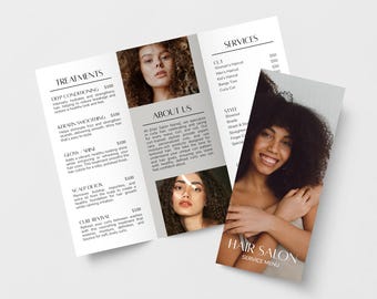 Plantilla de folleto tríptico editable para peluquería, folleto de lista de precios plegable, plantilla imprimible de Canva para estilistas.