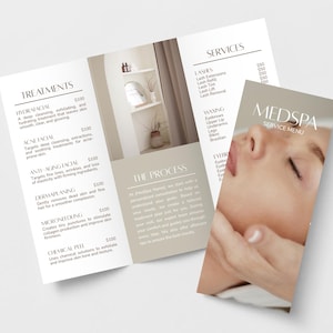 Bearbeitbare dreifache MedSpa-Broschürenvorlage, faltbare Preisliste für Kosmetiker, druckbare Canva-Vorlage für Beauty & Skincare Business