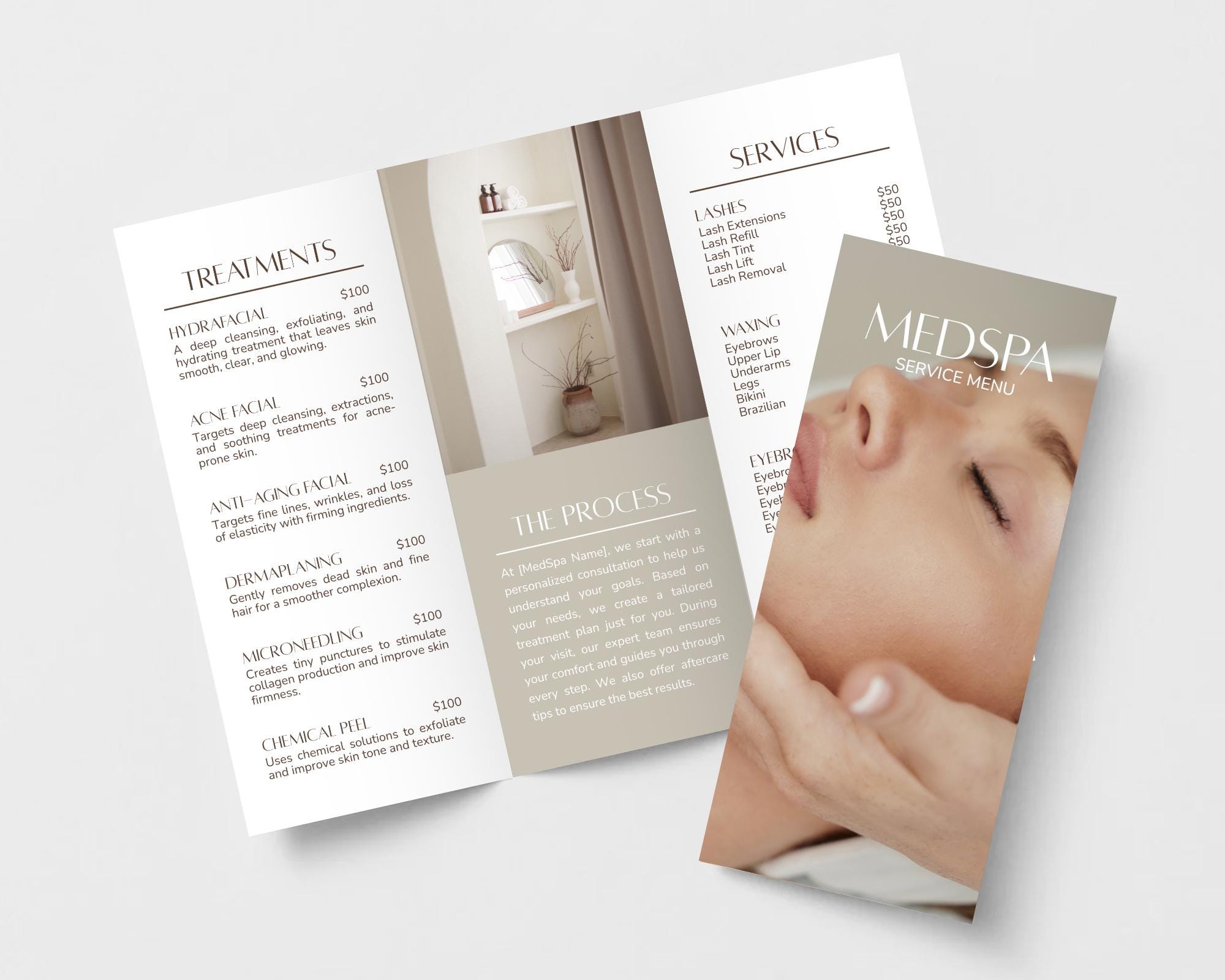 Plantilla editable de folleto tríptico para MedSpa, folleto plegable con lista de precios para esteticistas, plantilla imprimible de Canva para negocios de belleza y cuidado de la piel.