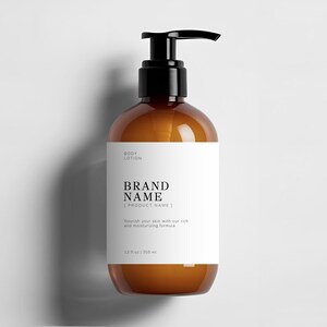 May include: A brown glass bottle with a black pump dispenser filled with body lotion. The label is white with black text that reads "BODY LOTION", "BRAND NAME", "[PRODUCT NAME]", "Nourish your skin with our rich and moisturising formula", and "12 fl oz | 355 ml".