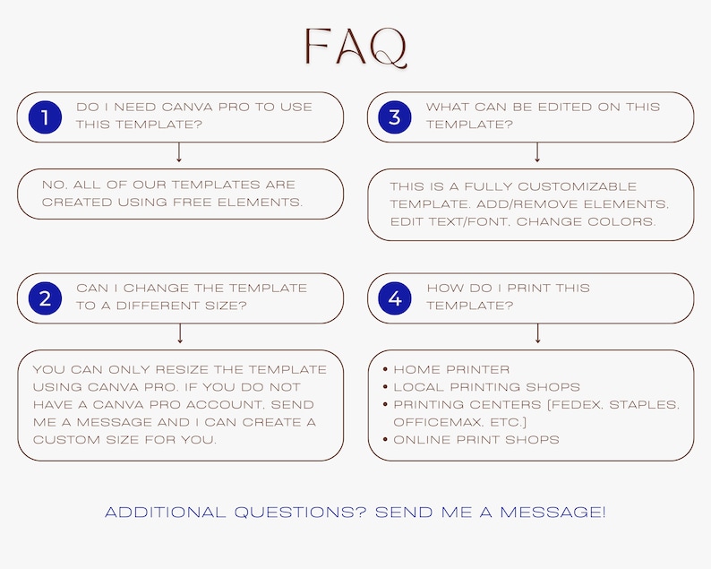 May include: A FAQ graphic with four numbered questions and answers about using and printing a template. The questions are: Do I need Canva Pro to use this template? What can be edited on this template? Can I change the template to a different size? How do I print this template? The answers are: No, all of our templates are created using free elements. This is a fully customizable template. Add/remove elements. Edit text/font, change colors. You can only resize the template using Canva Pro. If you do not have a Canva Pro account, send me a message and I can create a custom size for you. Home printer, local printing shops, printing centers (Fedex, Staples, OfficeMax, etc.), online print shops.