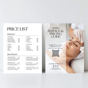May include: Two-page advertisement for a Medspa. The left page is a price list with services like eyebrows, waxing, and treatments. The right page is a service and pricing guide with a woman's face and the text "Book your next appointment."