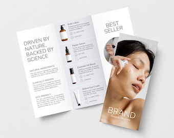Plantilla editable para folleto de marca de cuidado de la piel, folleto de marketing y lista de productos plegable en tríptico, plantilla imprimible de Canva para marcas de cosméticos.