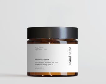 Könnte beinhalten: Ein braunes Glasgefäß mit schwarzem Deckel, das ein Hautpflegeprodukt enthält. Das Etikett lautet "FOR ALL SKIN TYPES" und "Product Name Nourish your skin with our rich and moisturizing formula. 4 fl oz / 120 ml" und "brand name".