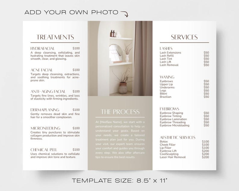 Editable MedSpa Trifold Brochure Template, Foldable Esthetician Price List Pamphlet, Printable Canva Template for Beauty & Skincare Business image 4