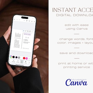 May include: A phone screen displaying a digital template for a business card. The template features a purple and white color scheme with the word "calm" in a sans-serif font. The text "INSTANT ACCESS DIGITAL DOWNLOAD" is displayed on the right side of the image.