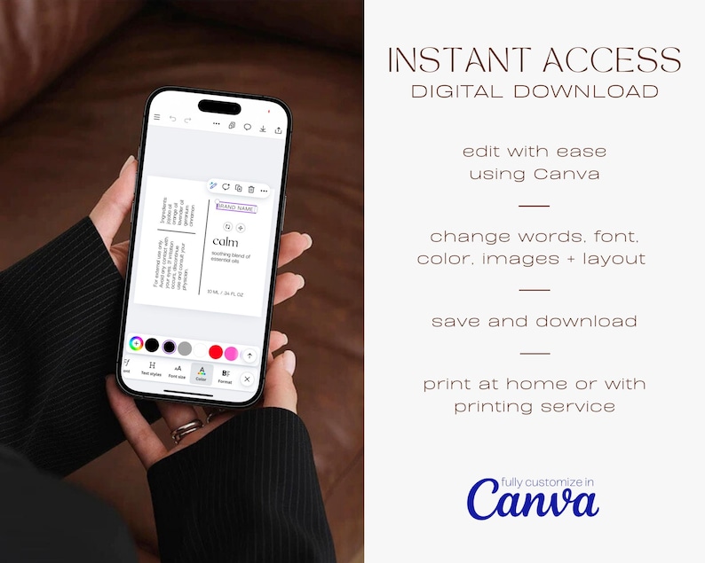 May include: A phone screen displaying a digital template for a business card. The template features a purple and white color scheme with the word "calm" in a sans-serif font. The text "INSTANT ACCESS DIGITAL DOWNLOAD" is displayed on the right side of the image.