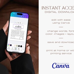 May include: A digital download of a printable label for essential oil blends. The label is designed in Canva and features the word "calm" in a white box with a black outline. The label is customizable with text, fonts, colors, images, and layout.