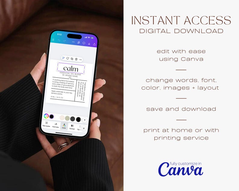 May include: A digital download of a printable label for essential oil blends. The label is designed in Canva and features the word "calm" in a white box with a black outline. The label is customizable with text, fonts, colors, images, and layout.