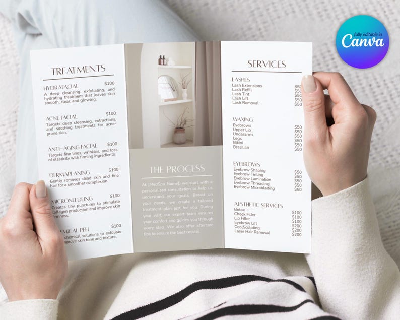 Editable MedSpa Trifold Brochure Template, Foldable Esthetician Price List Pamphlet, Printable Canva Template for Beauty & Skincare Business image 2