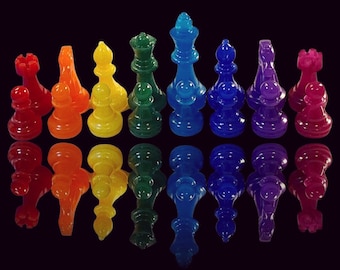 Rainbow chess pieces, set of 16 (one side only): 1 king, 1 queen, 2 rooks, 2 knights, 2 bishops, 8 pawns