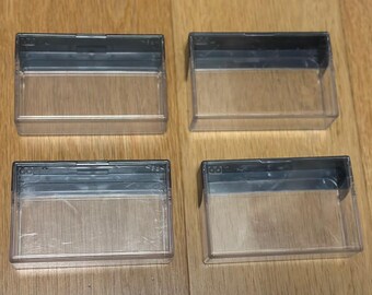 Set of four (4) clear plastic flip-top boxes / Personalized card holder / Business card case / Craft Organizer / Clear Container / VHS-C