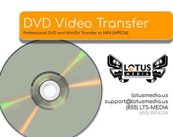 May include: A silver DVD disc with a rainbow reflection. The text "DVD Video Transfer" is in orange on a yellow background. The text "Professional DVD and MiniDV Transfer to MP4 (MPEG4)" is in black on a yellow background. The text "LOTUS MEDIA" is in black on a white background. The text "lotusmedia.us", "support@lotusmedia.us", "(855) LTS-MEDIA", and "(855) 587-6334" is in black on a white background.