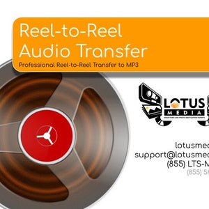 May include: A reel-to-reel audio tape with a red center hub and brown tape. The text "Reel-to-Reel Audio Transfer" is in a yellow box at the top of the image. The text "Professional Reel-to-Reel Transfer to MP3" is below the title. The text "LOTUS MEDIA" is in a black box with a white background and a graphic of two cameras and a film strip. The text "lotusmedia.us", "support@lotusmedia.us", "(855) LTS-MEDIA", and "(855) 587-6334" is below the logo.