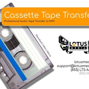 May include: A cassette tape with a blue stripe and the letter "B" on the side. The text "Cassette Tape Transfer" is in a large orange box above the tape. The text "Professional Audio Tape Transfer to MP3" is below the box. The text "Standard | Mini | Micro" is on the right side of the tape. The text "LOTUS MEDIA" is in a black and white logo with a cassette tape design. The text "lotusmedia.us", "support@lotusmedia.us", "(855) LTS-MEDIA", and "(855) 587-6334" is below the logo.