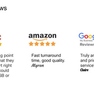 May include: A screenshot of customer reviews for Lotus Media, a video editing company. The reviews are from Yelp, Amazon, and Google. All reviews are positive and include five stars.