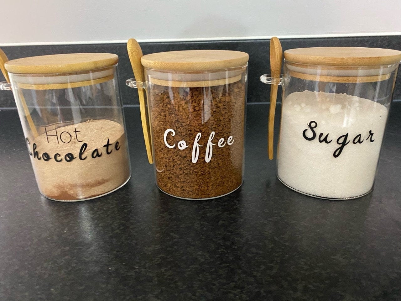 Labelled storage jars with spoons Tea Coffee sugar Storage Etsy