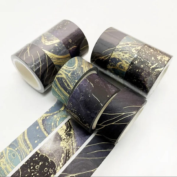 Blue and Black Gold Foil Marble Washi Tape 3pc set | Dark, moody, beautiful, geo, cracks, geode design, navy, water, rocks, ocean