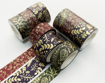 Jewel Tone Dark Cottage Moody Gold Foil Leaf Washi Tape 3pc set