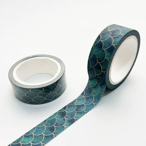 Teal Mermaid Gold Foil Washi Tape - blue, underwater, ocean, fish, scales, aqua