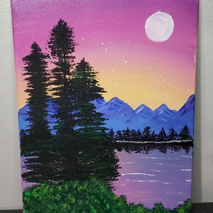 Twilight Reverie: Mauve Peaks and Pine Serenity - Acrylic Painting 16x12 - High Glossy Finish