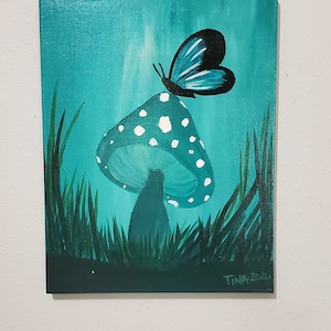 Azure Dreams - Mushroom and Butterfly Monochromatic Teal Acrylic Painting 8x10