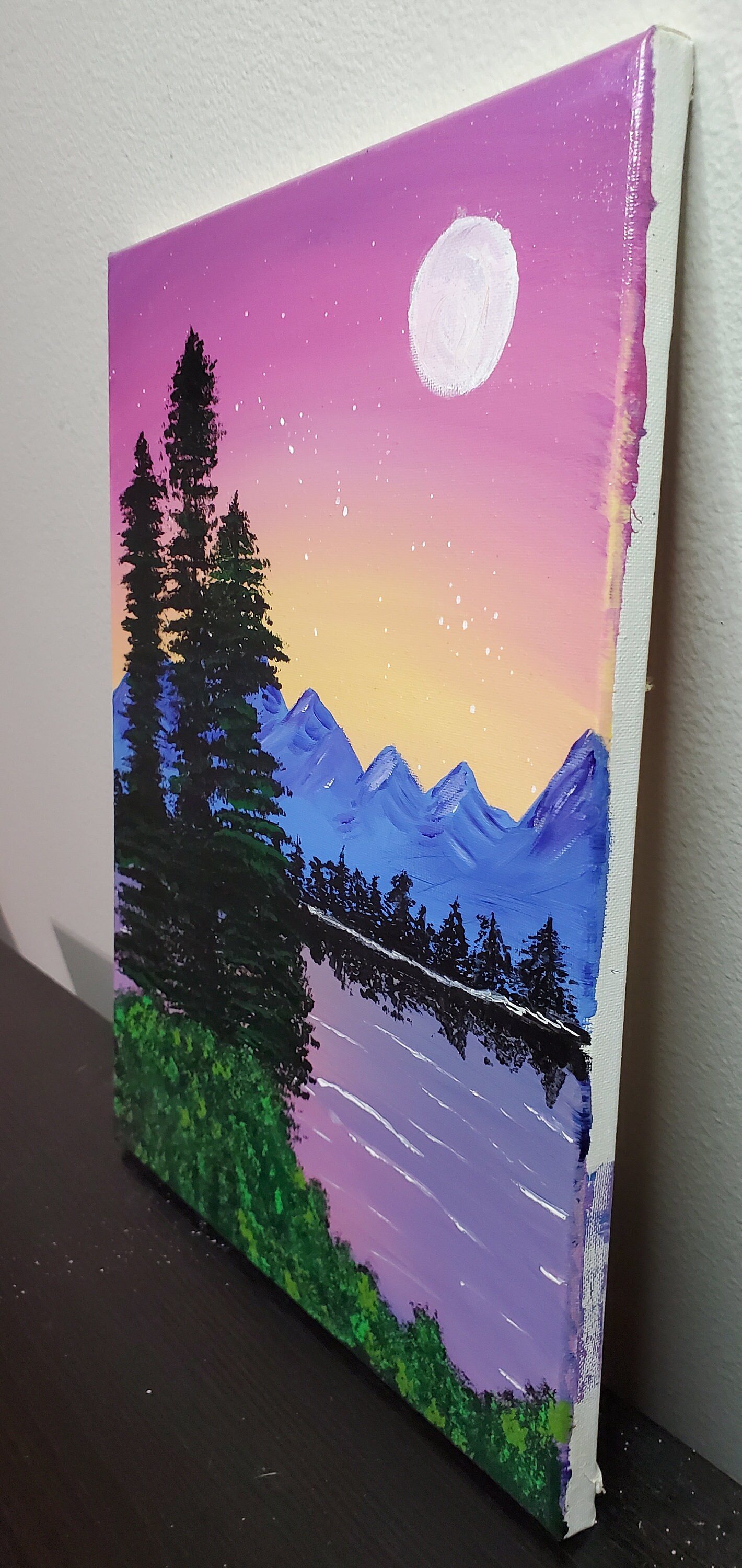 Twilight Reverie: Mauve Peaks and Pine Serenity - Acrylic Painting