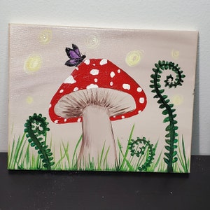 Enchanted Firefly Dance: Amanita Symphony - Acrylic Painting 14x11 - High Glossy Finish