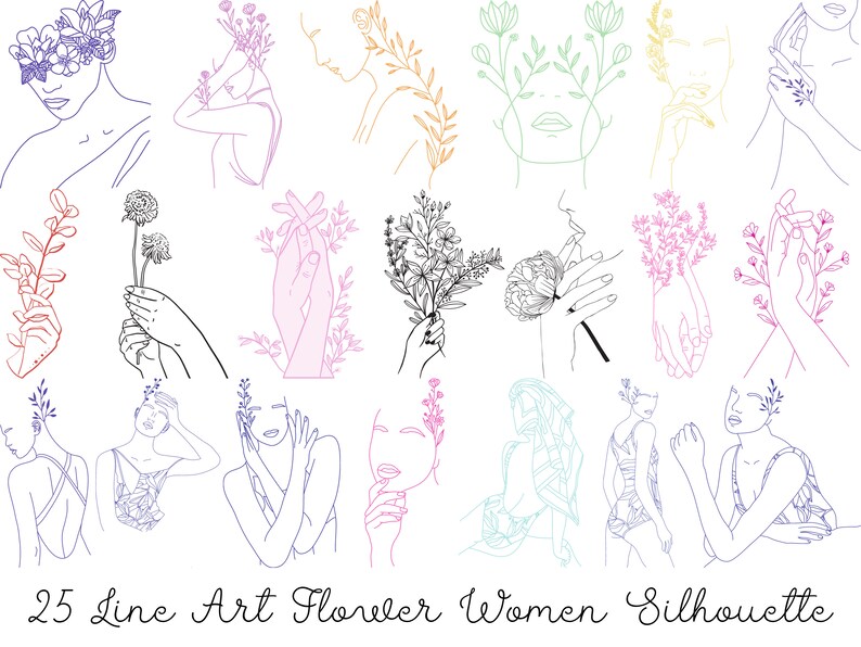 Download Clip Art Woman Face Line Art 25 Line Art Flower Women Silhouette Svg Bundle Art Collectibles