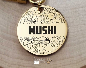 Engraved Metal Pet Tag, Mushroom Tag, Funny Dog Tag, Custom Cat Tag, Personalized Dog Tag