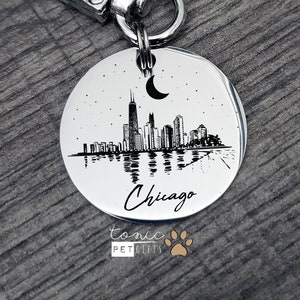 Chicago Skyline Engraved Metal Pet Tag | Chicago Illinois Pet Tag | Popular City Dog Tag | Landmark Cat Tag | Personalized Dog Tag