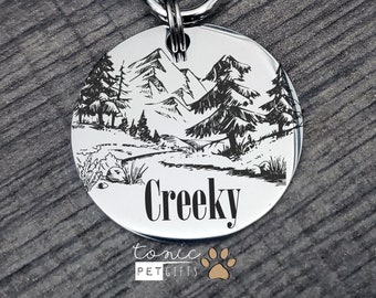 Outdoor River Engraved Pet Tag | Rustic Mountain Stars Pet Tag | Forest Dog Tag | Cat Tag | Trees Tag | Personalized Dog Tag