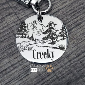 Outdoor River Engraved Pet Tag | Rustic Mountain Stars Pet Tag | Forest Dog Tag | Cat Tag | Trees Tag | Personalized Dog Tag