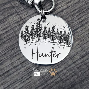 Forest Tree Engraved Metal Pet Tag | Camping Mountain Outdoors Pet Tag | Dog Tag | Cat Tag | Mountain Trees Tag | Personalized Dog Tag