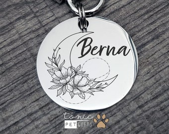 Floral Moon Berna Engraved  Pet Tag | Night Sky Celestial Pet Tag | Floral Dog Tag | Botanical Cat Tag | Personalized Dog Tag | Pet ID Tag