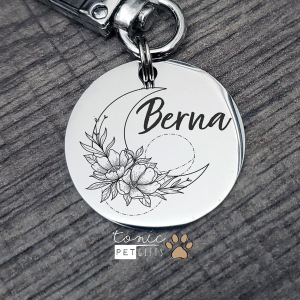 Floral Moon Berna Engraved  Pet Tag | Night Sky Celestial Pet Tag | Floral Dog Tag | Botanical Cat Tag | Personalized Dog Tag | Pet ID Tag