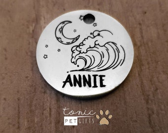 Wave Moon Engraved Metal Pet Tag | Space Orbit Pet Tag | Dog Tag | Cat Tag | Personalized Dog Tag  | Pet ID Tag