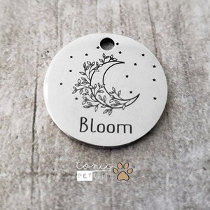 Moon Flower Engraved Metal Pet Tag | Celestial Pet Tag | Dog Tag | Cat Tag | Personalized Dog Tag | Pet ID Tag