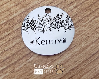 Custom Floral Engraved Metal Pet Tag | Floral Flower Pet Tag | Dog Tag | Cat Tag | Personalized Dog Tag | Pet ID Tag