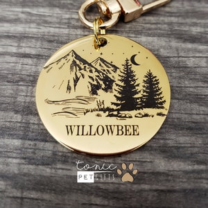 Mountain Custom Engraved Metal Pet Tag | Rustic Mountain Stars Pet Tag | Forest Dog Tag | Cat Tag | Trees Tag | Personalized Dog Tag