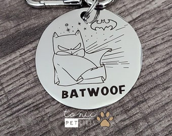 Bat Dog Woof Custom Engraved Metal Pet Tag | Fantasy Comic Book Superhero Tag | Hero Pet Tag | Cat Tag | Personalized Tag