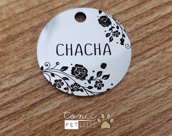 Custom Floral Engraved Metal Pet Tag | Flower Rose Pet Tag | Dog Tag | Cat Tag | Personalized Dog Tag | Pet ID Tag