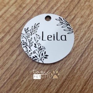 Custom Floral Engraved Metal Pet Tag | Floral Leafs Pet Tag | Dog Tag | Cat Tag | Personalized Dog Tag | Pet ID Tag | Cat Tag